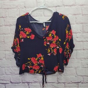 LUQ Navy Blue Floral‎ Tie Front Peasant Blouse Sz S Cropped Flowy Boho Summerwer